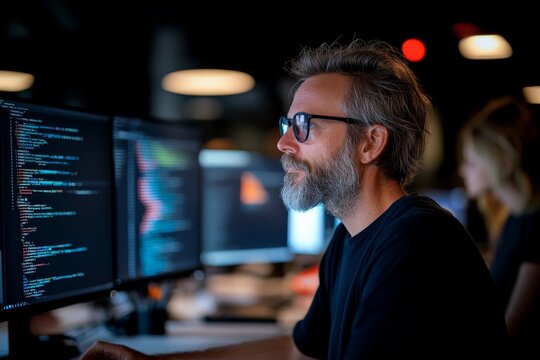 A focused individual engages in coding with dual monitors, representing dedication and expertise in software development within a modern professional office setting.