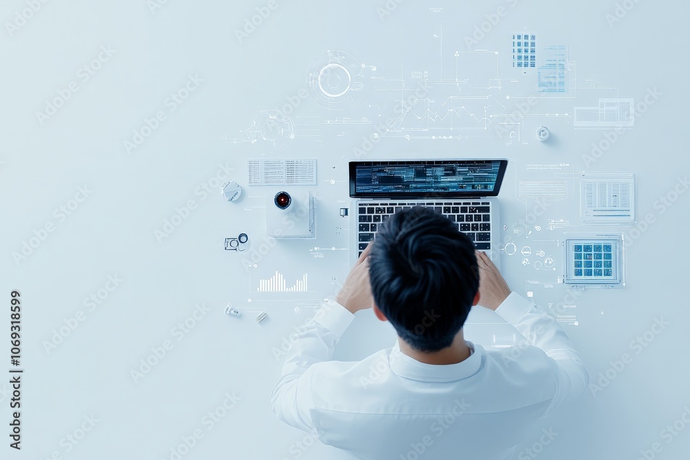 Poster an overhead view of a professional in white shirt analyzing data on a laptop, integrating technology