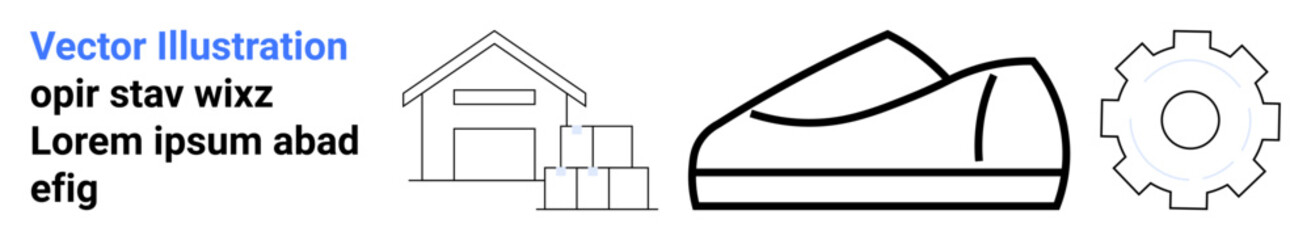 Warehouse with stacked boxes, a shoe outline, and a gear symbol. Ideal for e-commerce, logistics, manufacturing, industrial design, productivity, fashion, and warehouse management. Landing page