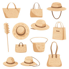 a set of beach bags and hats on a white hood. vector summer set.
