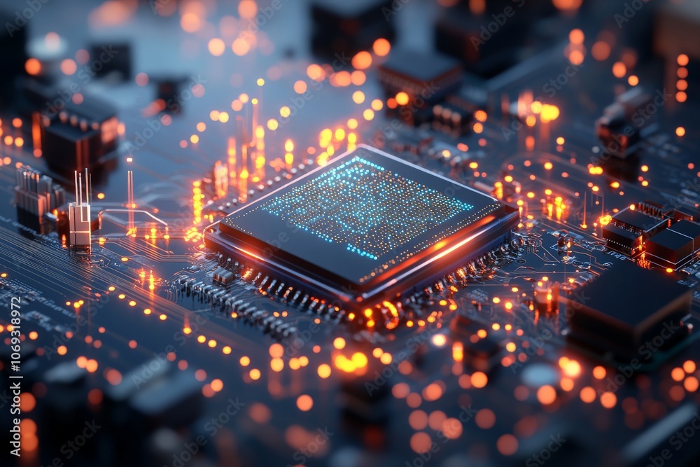 Poster a close-up view displays a glowing computer chip on a complex circuit board, emphasizing futuristic 