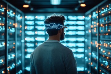 A man wearing futuristic eyewear stands in a neon-lit server room, symbolizing the fusion of technology and future-ready data processing environments.