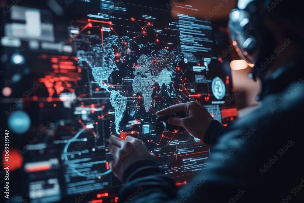 Poster a person interacts with a high-tech digital interface featuring a world map and data visualization e
