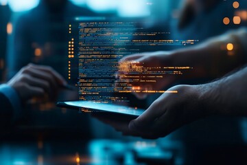 Hands grip a digital tablet displaying holographic code, symbolizing the fusion of human interaction and cutting-edge technology in a digital age.