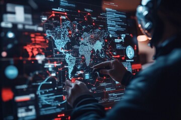 A person interacts with a high-tech digital interface featuring a world map and data visualization elements, conveying technology and global connectivity.