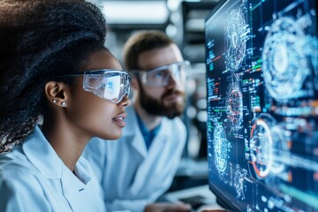 A team of scientists wearing lab coats and safety glasses examines complex data visualizations on large high-tech screens in a modern laboratory setting.
