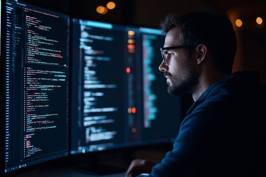 A programmer intensively writes code on multiple monitors in a dimly lit environment, reflecting the dedication and focus required for software development in tech.