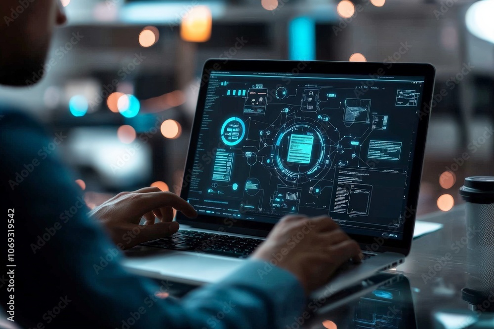 Poster a person engaged with data analysis on a laptop displaying a futuristic interface, reflecting concen