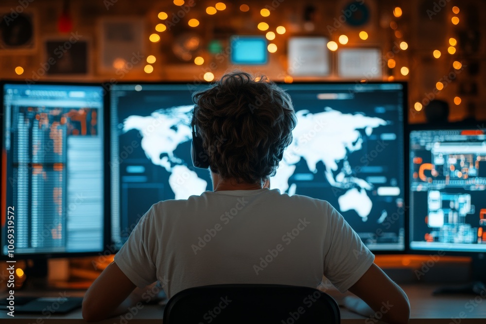 Poster image showing a person working on complex data displayed on multiple large screens in a dimly lit ro