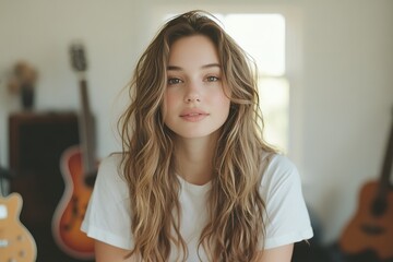 A woman with long wavy hair sits in a casual room with guitars, exuding calm and creativity. This image resonates with artistic self-expression and relaxation.