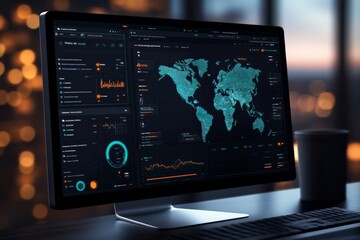 An advanced monitor showcases a digital world map alongside analytical data and charts. The setup illustrates global connectivity and technological progress.