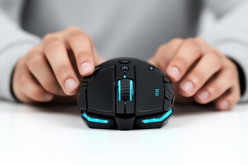 Close-up image of hands gripping a sleek, futuristic gaming mouse on a desk, emphasizing themes of technology, gaming, and modern design innovation.
