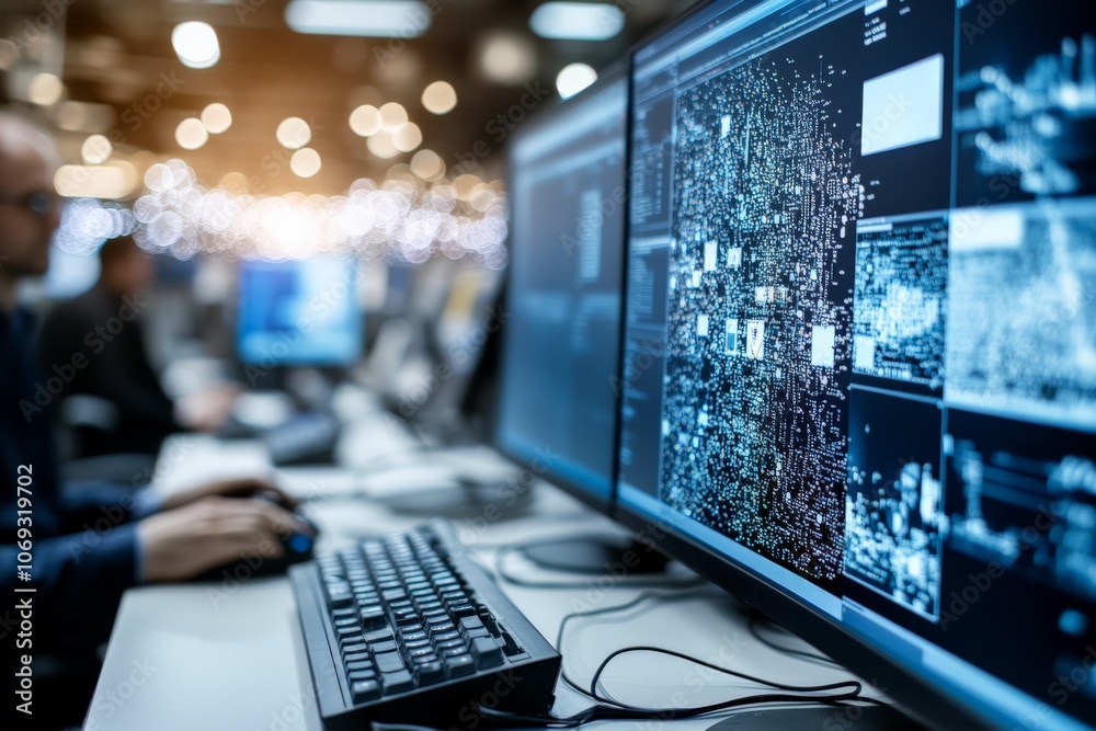 Poster a busy tech workspace with multiple screens displaying complex data, signifying modern technology's 