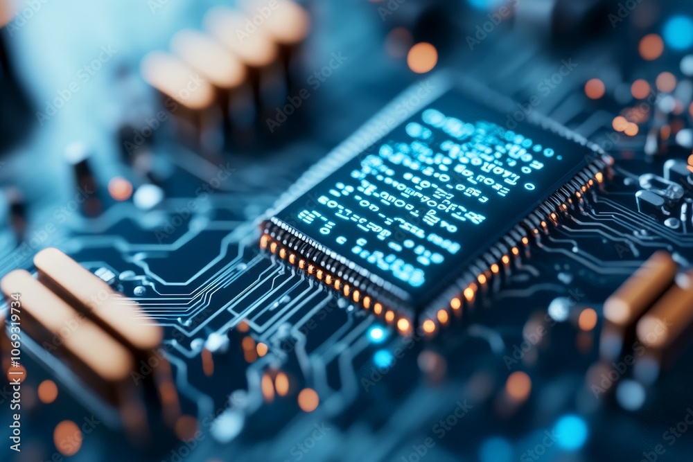 Poster a detailed view of a microchip integrated into a colorful circuit board, symbolizing technological a
