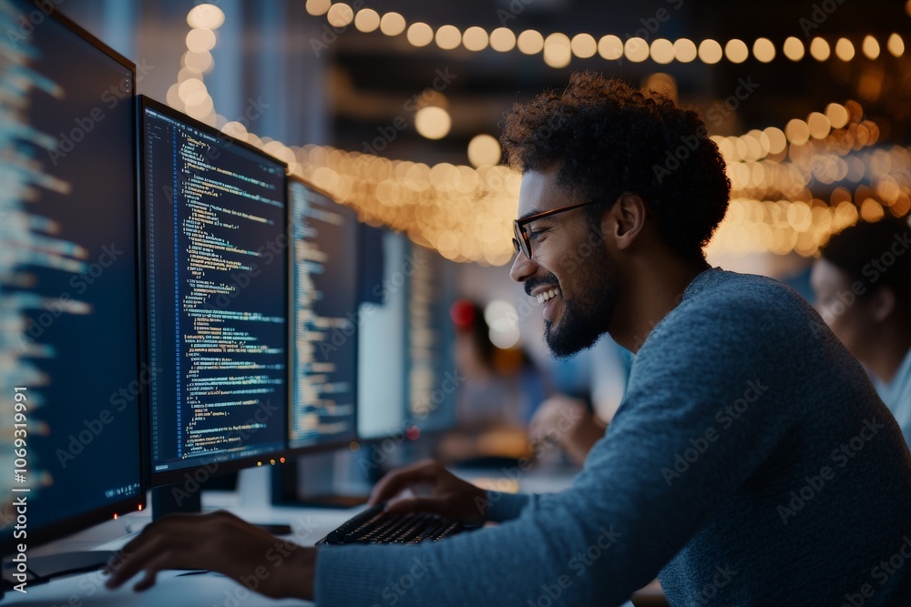 Poster a joyful software developer intensely coding at multiple monitors in a warmly lit office, expressing