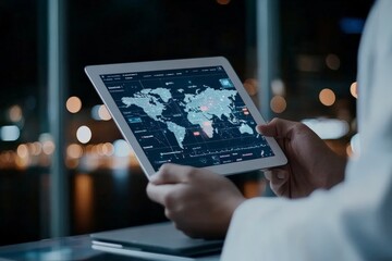 A person holds a tablet displaying a digital world map in a dimly lit office, illustrating global connectivity and digital exploration for modern professionals.