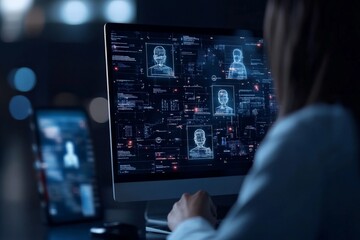 A sophisticated computer interface displaying facial recognition data and analytics, showcasing the advanced integration of technology and personal identification systems.