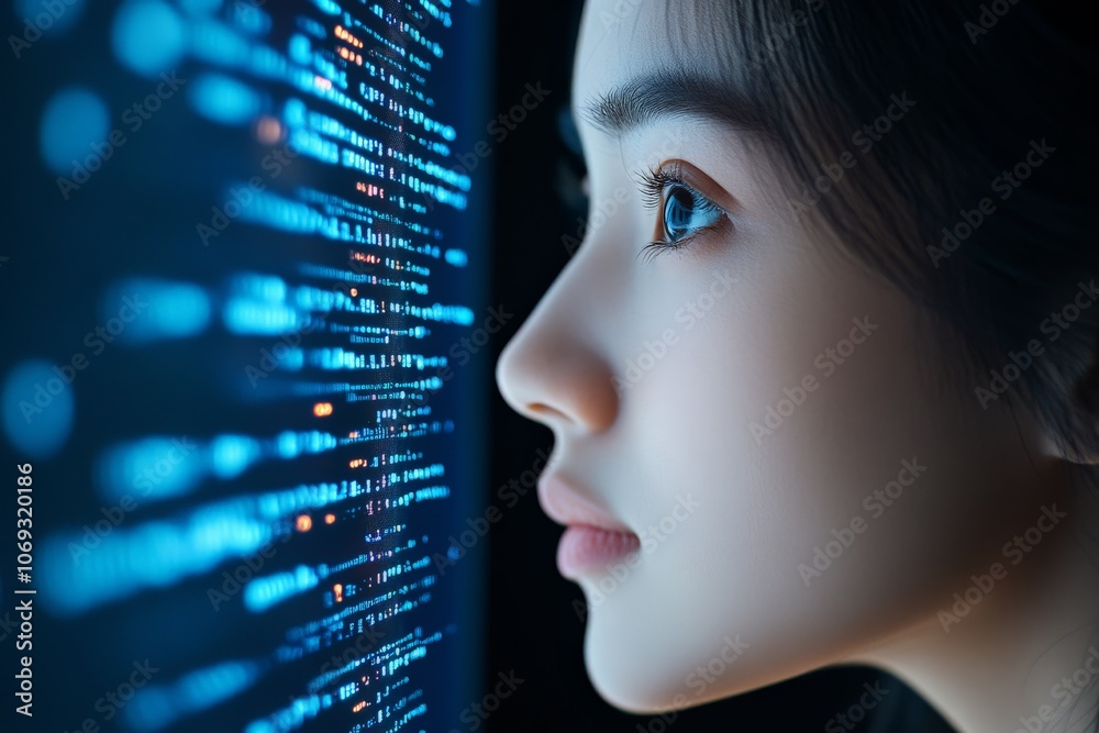 Poster a close-up view of a person's face as they intensely observe streaming digital code on a screen, con