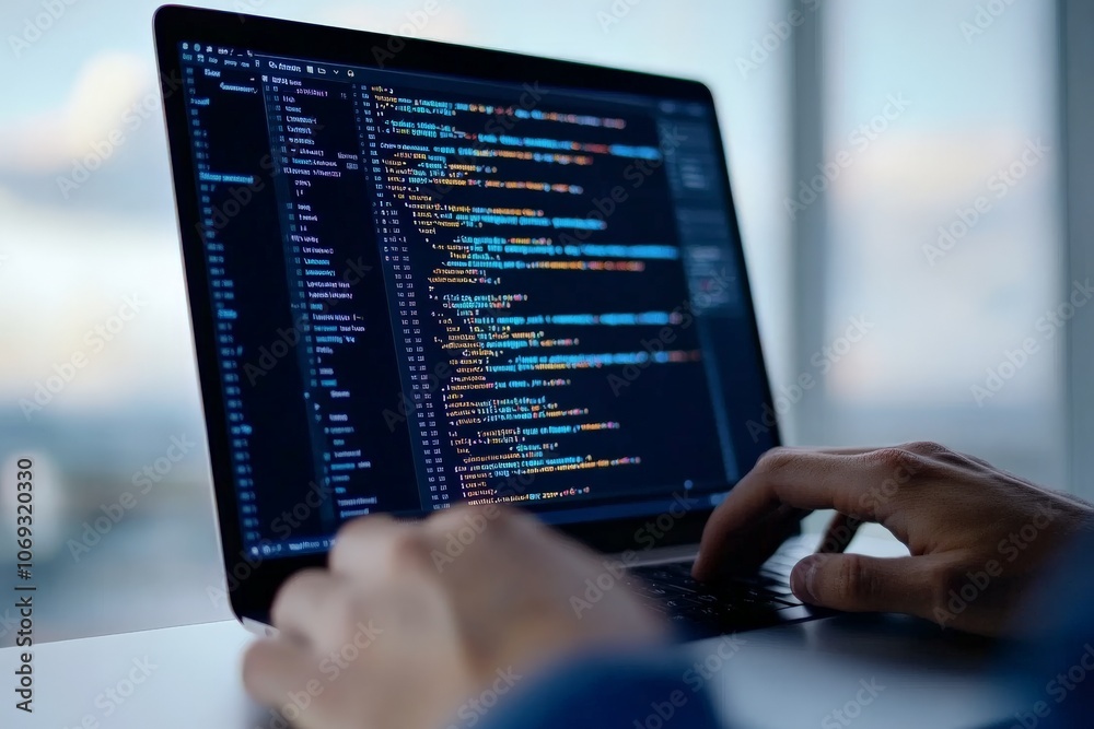 Poster the image captures a close view of hands typing code on a laptop, with a sharp focus on the screen d