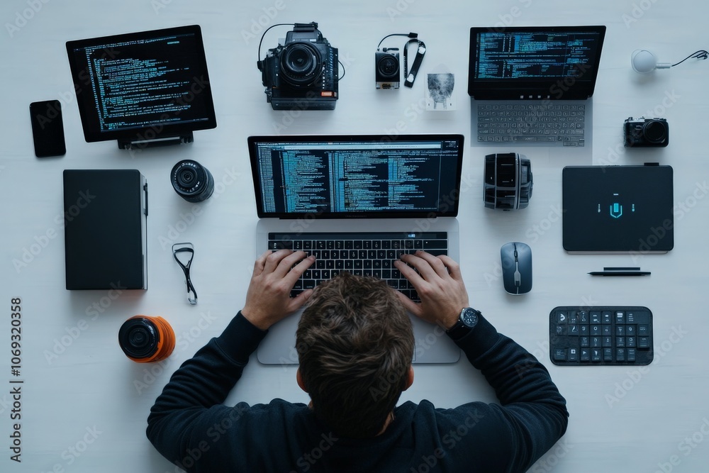 Poster a developer is seen working with multiple devices and screens at a tech workspace, creating an organ