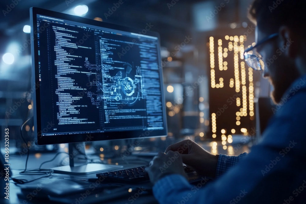 Poster a futuristic technical interface displays intricate details on a developer’s screen, capturing the c