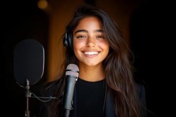 A cheerful female singer smiles brightly in a recording studio, showcasing her passion and enthusiasm for music with a professional microphone setup.