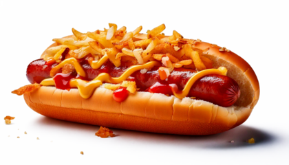 Pancho con ketchup y mostaza con papas fritas arriba