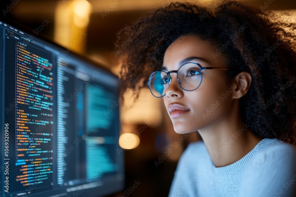 Poster a woman wearing glasses intensely focuses on a computer screen displaying lines of code, with a blur