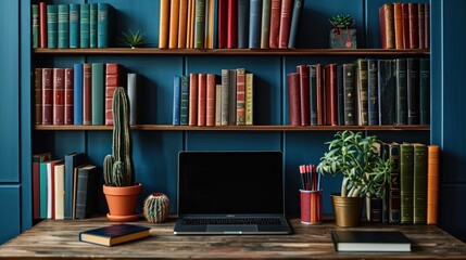 Home Office Workspace with Bookshelves and Laptop