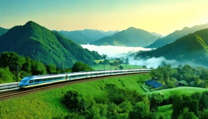 Naklejka premium A high-speed train navigating through lush green mountains
