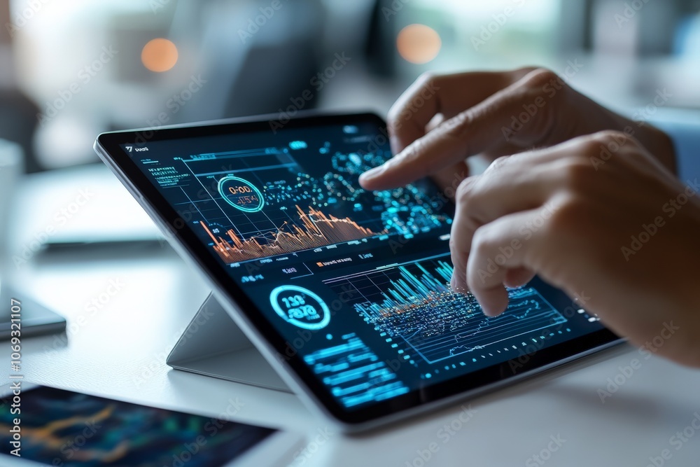 Poster a person interacts with a tablet displaying detailed data visualizations, including graphs and metri