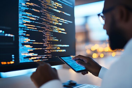 A programmer uses a tablet and multiple screens to write code, symbolizing the intricate multitasking and tech mastery needed in modern programming roles.