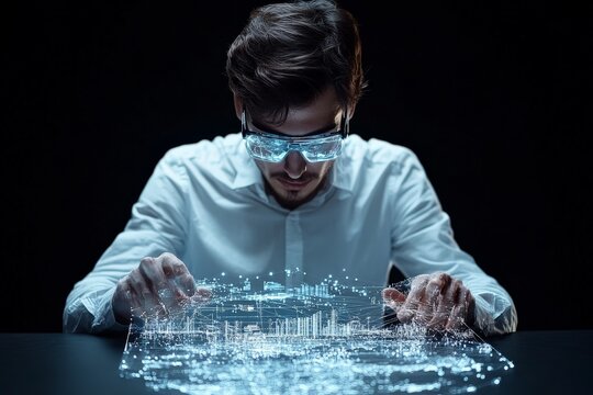 A person interacts with a futuristic map interface, displaying advanced vision technology and data visualization with an artistic and forward-thinking design approach. - Powered by Adobe