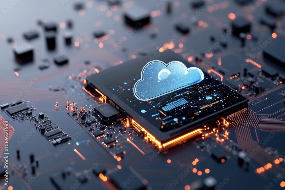 Poster a microchip featuring a glowing cloud icon illustrates the concept of cloud computing, highlighting 