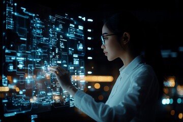 A woman with glasses interacts with a floating digital hologram. The image explores technology's future possibilities and human interface interaction.