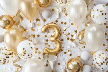 Golden number three birthday celebration with balloons and confetti