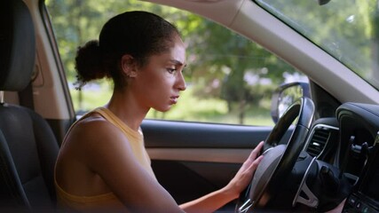 Angry African American woman trying start car auto automobile ignition stall problem breakdown driver transport late female girl crash repair vehicle service annoyed businesswoman steering business