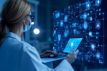 A medical professional wearing a mask, operating a laptop while surrounded by advanced digital graphics, illustrating the blend of modern medicine and technology.