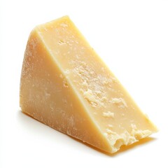 A single piece of Parmesan cheese, made in Italy, sits on a white background.