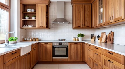 Modern Kitchen with Wooden Cabinets and Cooking Area