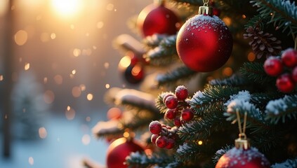 Beautifully Decorated Christmas Tree Adorned with Red Ornaments, Snowflakes, and Sparkling Lights, Glowing in the Sunset of a Winter Wonderland, Creating Magical Holiday Atmosphere