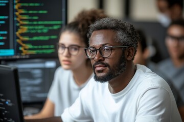A diverse team intensely collaborating over multiple computer screens filled with coding, showing unity, diversity, and shared technological goals.