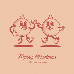 Merry Christmas and Happy New year smiling christmas tree decoration ball in trendy retro cartoon style