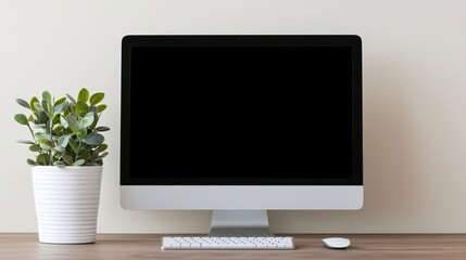 Fototapeta premium Sleek Minimalist Office with Empty Screen and Plant