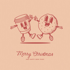 Coffee to go mascot groovy 70s 80s style Chrisrmas and New Year retro poster