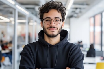 Fototapeta premium A casually dressed man in an office setting represents a relaxed but confident demeanor, symbolizing modern professional culture and open workspaces.