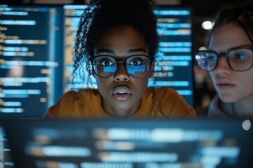 Two dedicated programmers focus on code on a computer screen, representing collaboration, teamwork, and tech innovation in a dynamic and productive environment.