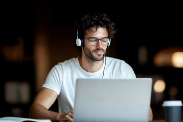 A person wearing headphones, focused on a laptop in a dimly lit room, representing digital communication and concentration in a serene, modern environment.