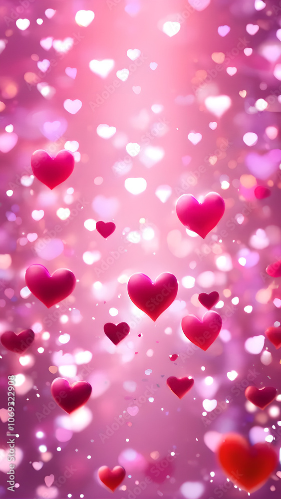 Poster pink background with many red hearts scattered throughout