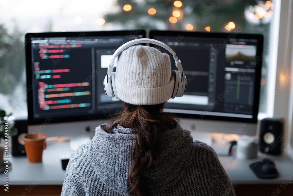 Poster a programmer wearing headphones is coding at a workstation with multiple monitors, illustrating dedi